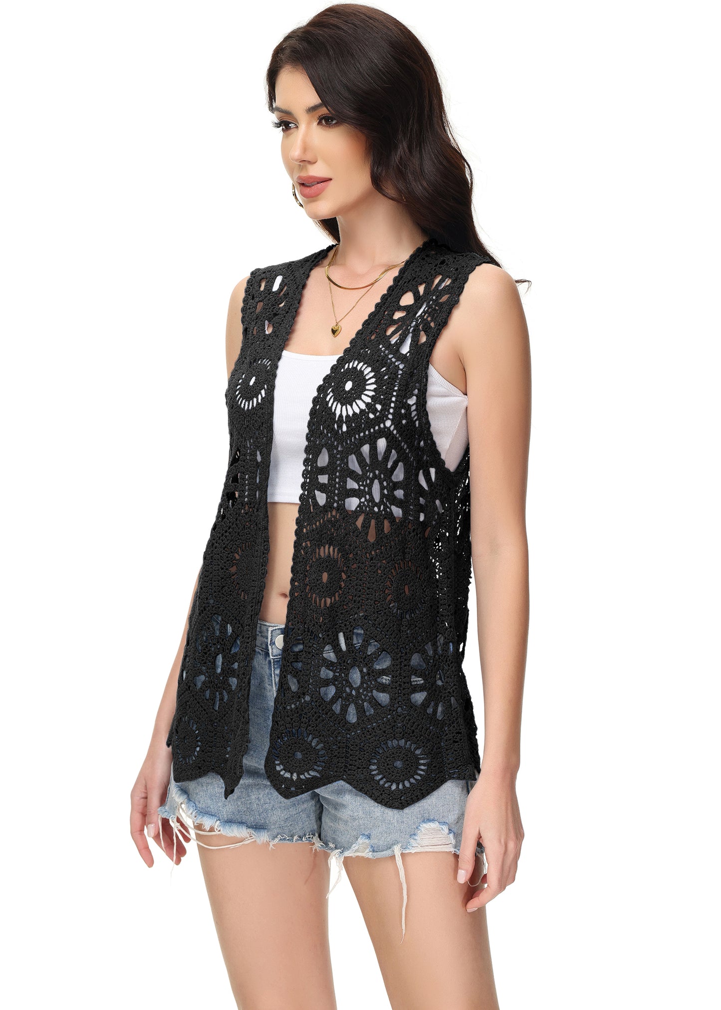 Anna-Kaci Womens Floral Crochet Cardigan Lace Trim Sleeveless Open Front Vest