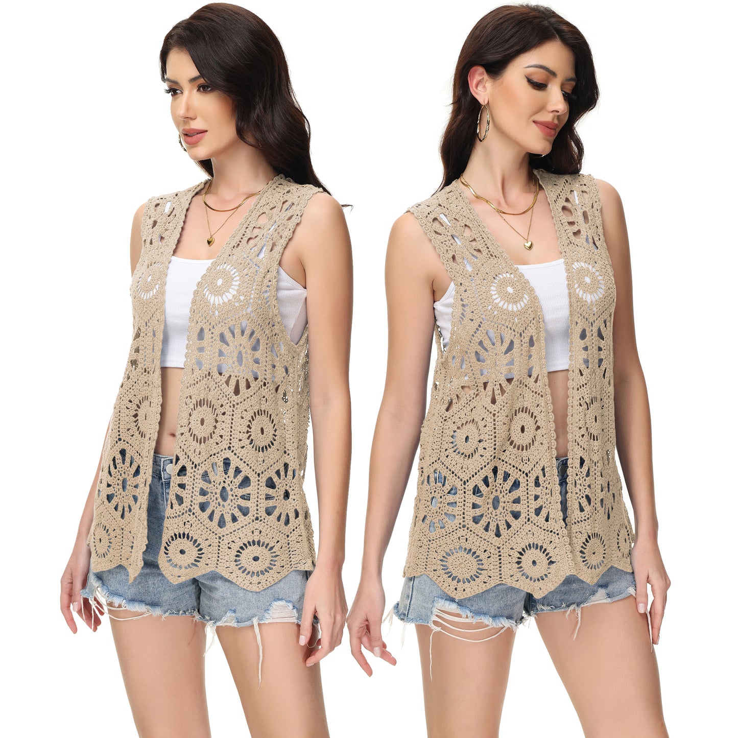 Anna-Kaci Womens Floral Crochet Cardigan Lace Trim Sleeveless Open Front Vest