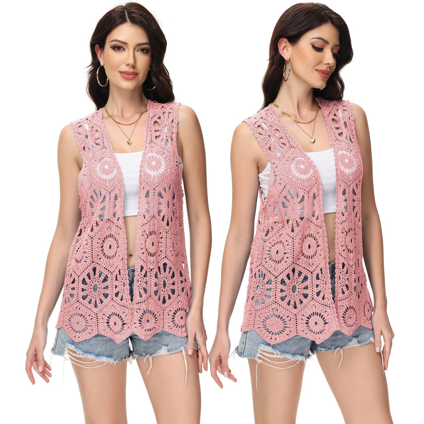 Anna-Kaci Womens Floral Crochet Cardigan Lace Trim Sleeveless Open Front Vest