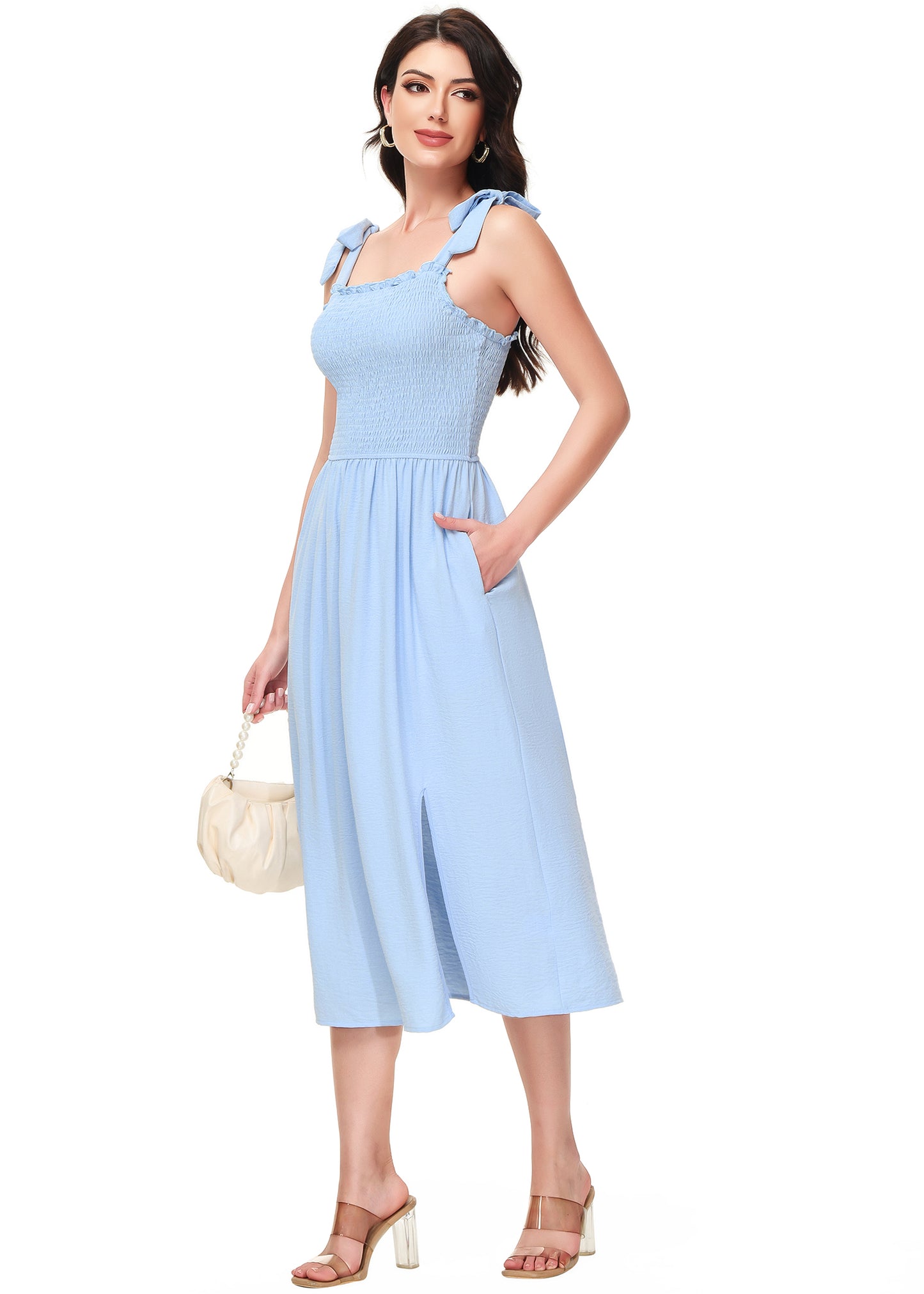 Anna-Kaci Women's Boho Summer Sleeveless Tie Straps Square Neck Smocked Split Midi Dress with Pockets