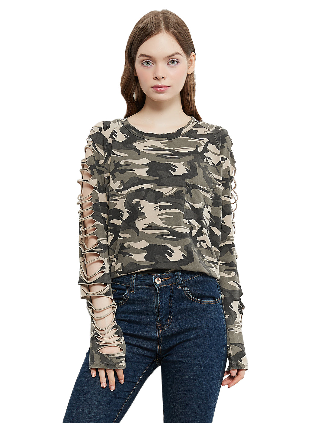 Ripped Long-Sleeve Pullover Top With Frayed Layers - ALILANG.COM
