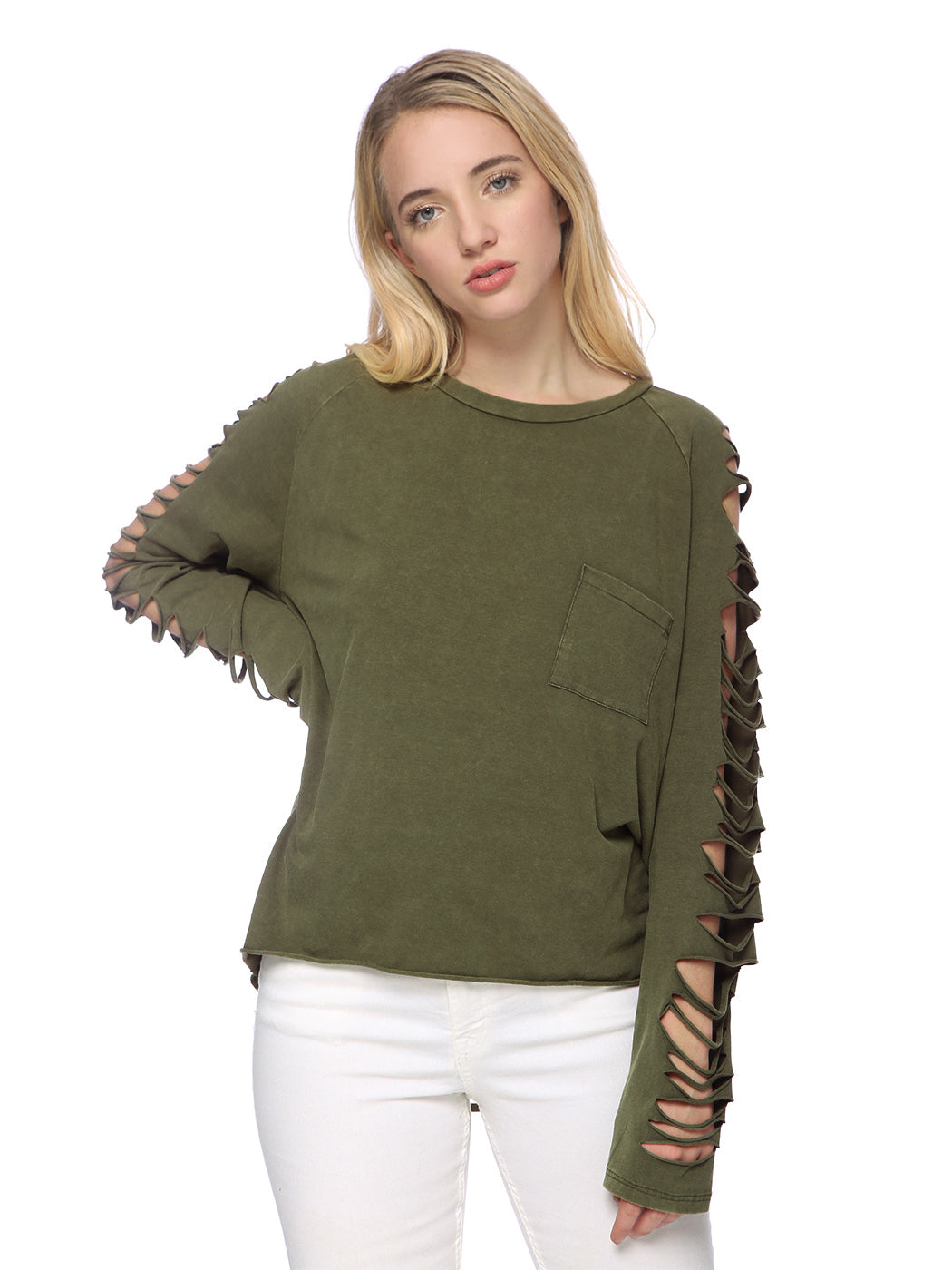 Ripped Long-Sleeve Pullover Top With Frayed Layers - ALILANG.COM