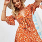 Anna-Kaci Floral Print Orange Tie Front Flowy Summer Dress Short Sleeve for Women
