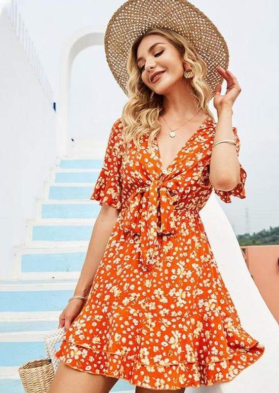 Anna-Kaci Floral Print Orange Tie Front Flowy Summer Dress Short Sleeve for Women Small 0-4